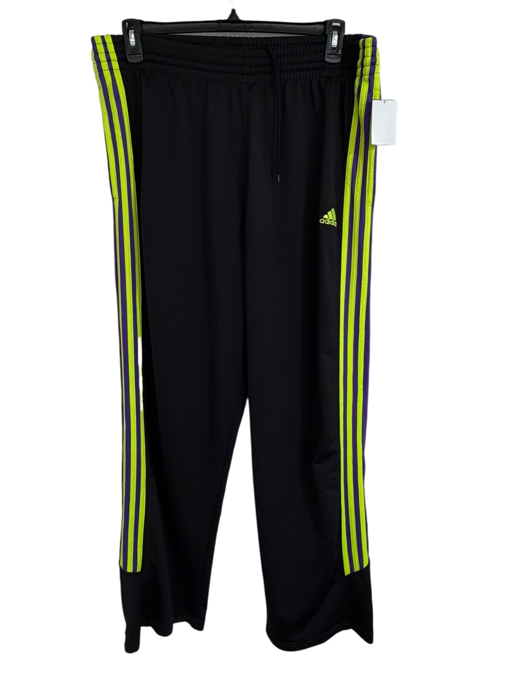 Vintage Adidas Track Pants Purple Neon Yellow 3 Stripe Y2K Button Snap Hem CLEAN - Picture 1 of 8